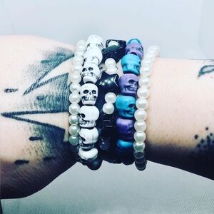 Punk Glam Lot of 5 Elastic Bracelets Skulls + Pearls Handmade